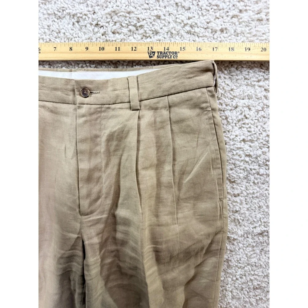 Brooks Brothers Linen Trousers Mens 33x32 Khaki Pleated Cuffed 346 Dress Pants